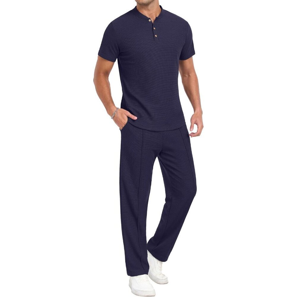 Men's Short Sleeve Outfits Waffle Knit Henley Shirt and Pants Set Casual 2 Piece
